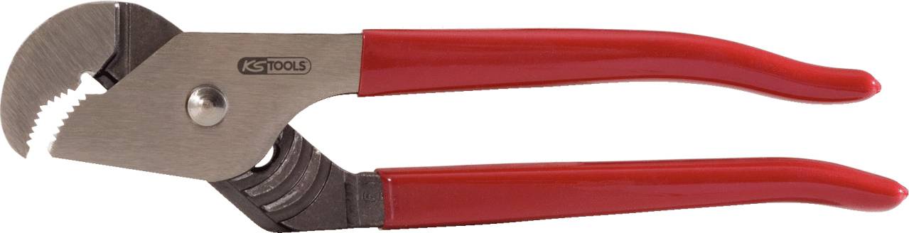 A water pump pliers with red handles and adjustable jaws for gripping pipes and screws.