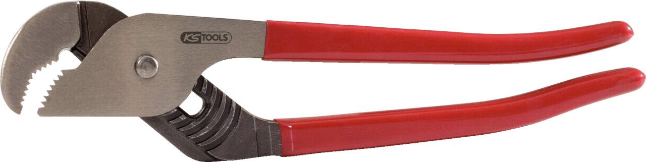 A water pump pliers with a red handle and adjustable joint, suitable for gripping and rotating movements on various workpieces.