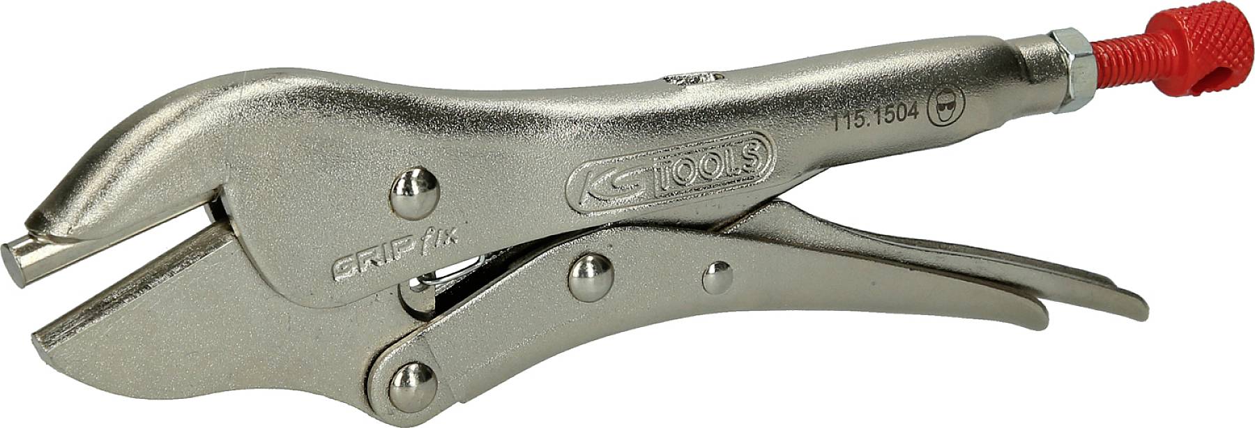 An adjustable grip pliers made of metal with a red screw for adjustment. They are used for holding materials of various sizes.