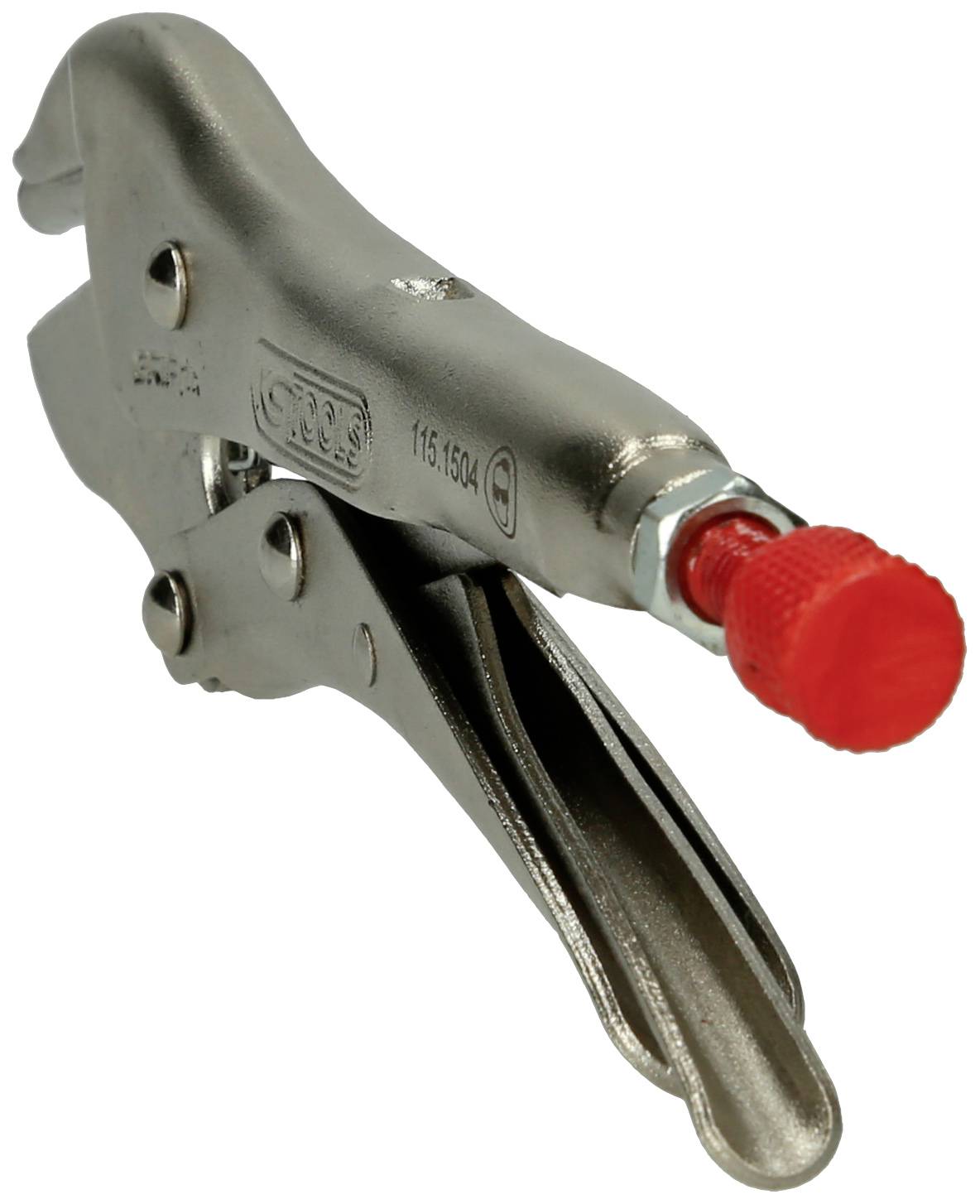 Metal clamping grip with red plastic head and adjustable clamping capability for different workpiece sizes, side view.