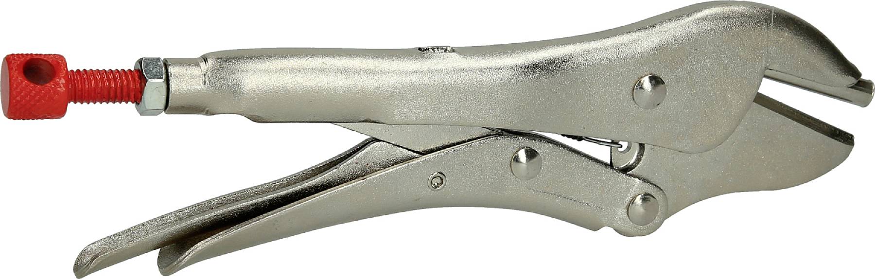 Metal locking pliers with a red screw mechanism. They are used to grip or secure objects.