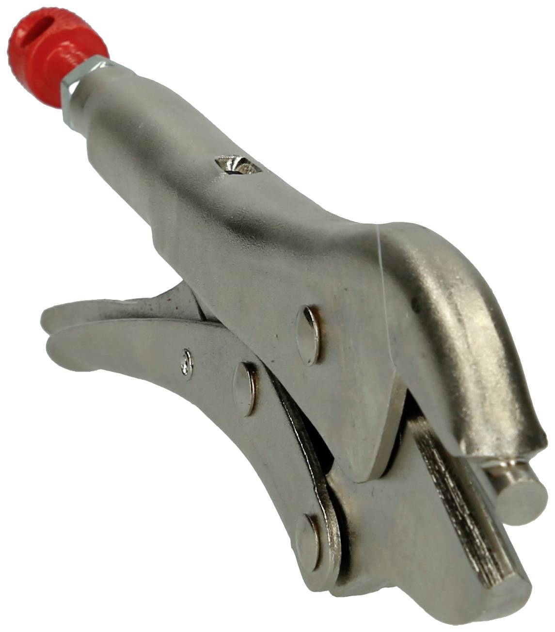 Metal quick-release clamp with red plastic cap on top. Suitable for holding or gripping workpieces.