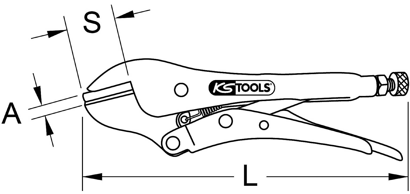 A pipe wrench with the inscription 'KS TOOLS', showing dimensions: jaw span 'S', opening width 'A' and total length 'L'.