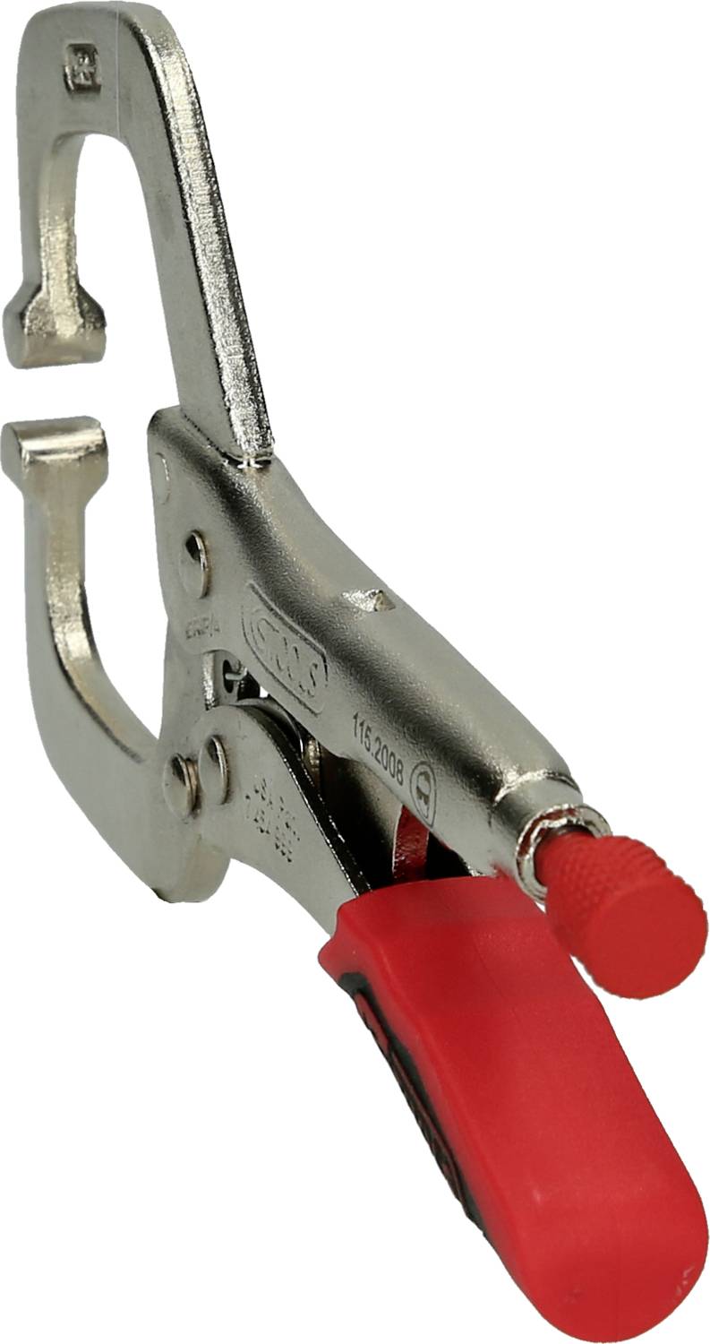 A silver bulldog clip with a red handle, used for holding or securing objects.