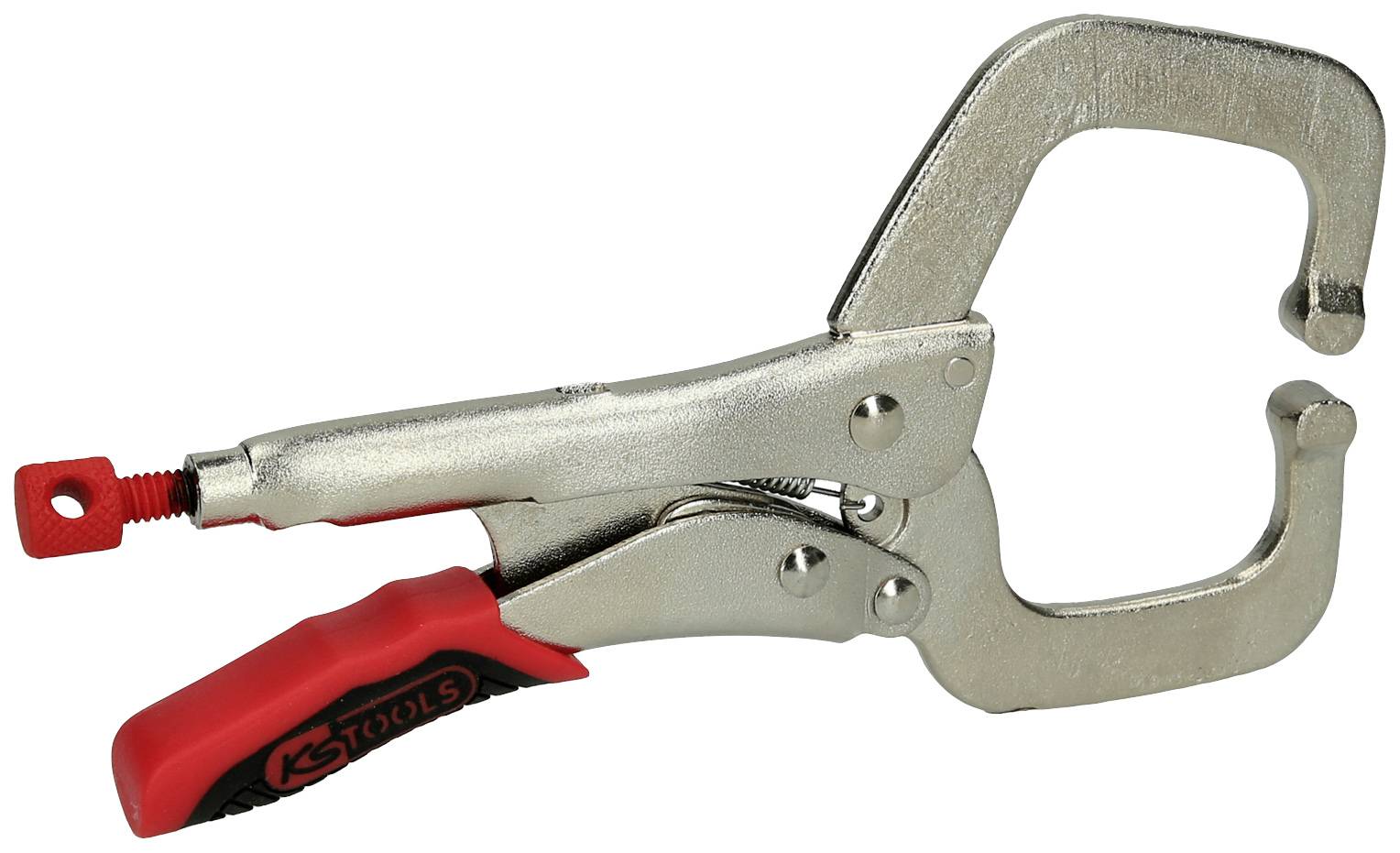 Metallic gripping tongs with a red handle, suitable for securing materials.