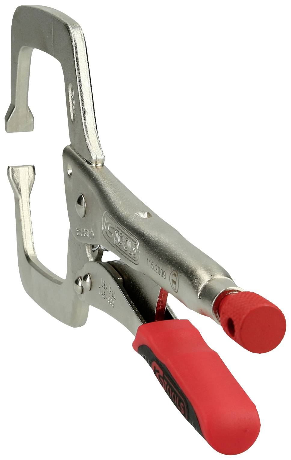 Metal C-Clamp with red plastic handle, opened at a right angle. Suitable for holding workpieces.
