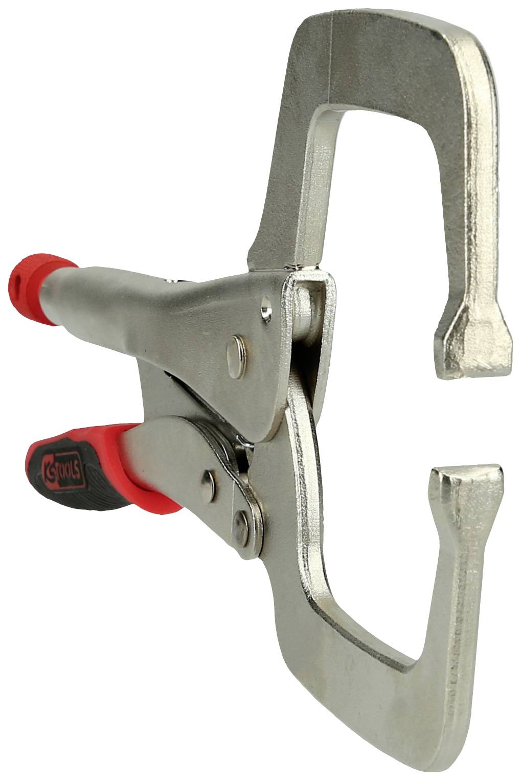 Metal clamp pliers with a red handle, suitable for securing workpieces.