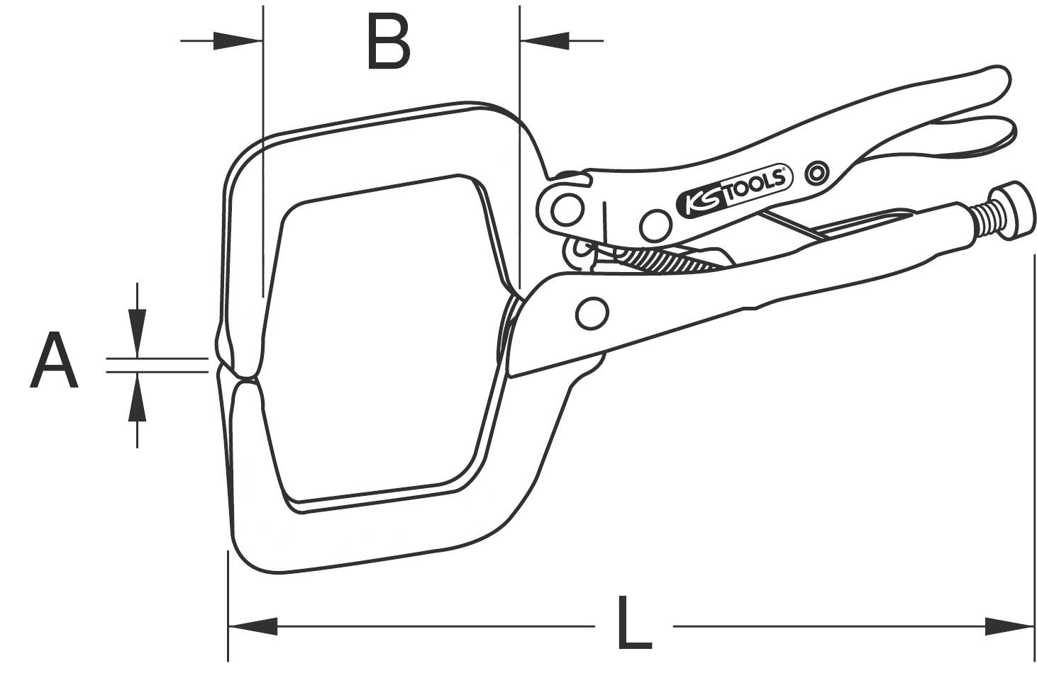 A drawing shows a clamp with marked dimensions A, B, and L. The pliers are branded with 'KS Tools'.