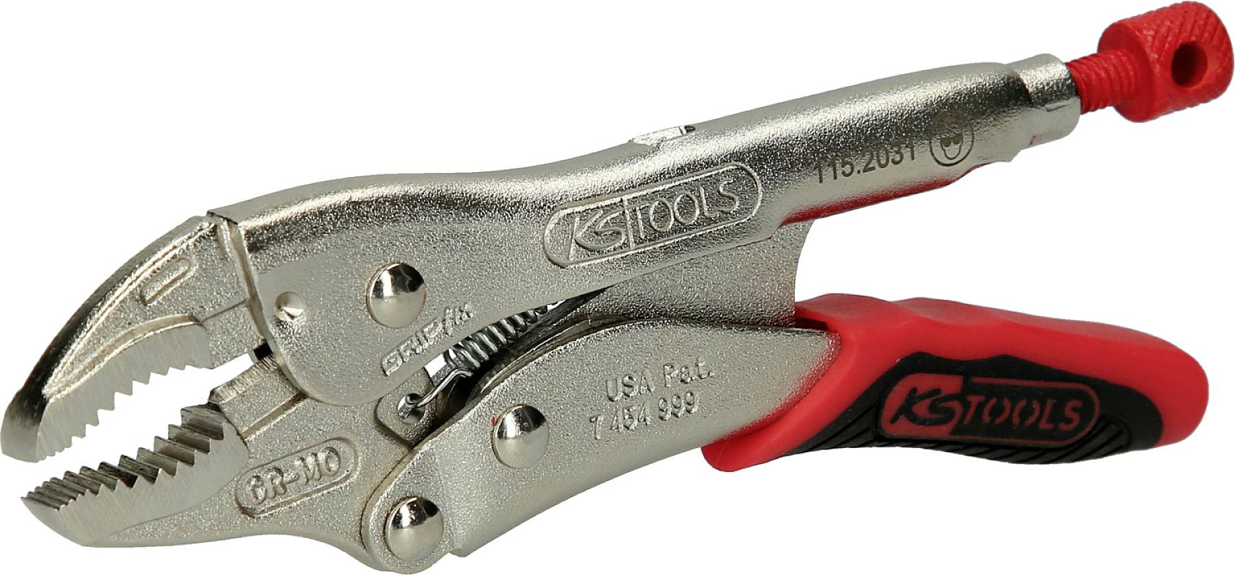 Metal grip pliers with a red rubber handle and brand inscription, suitable for firmly gripping and holding objects.