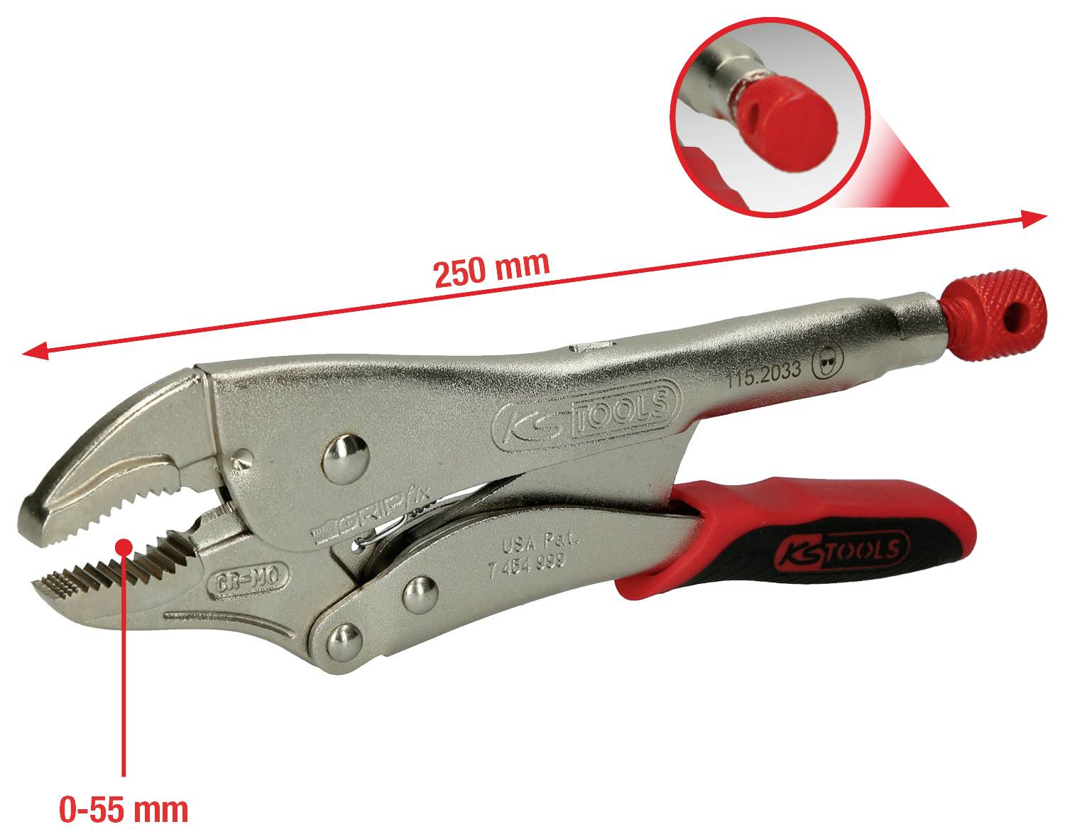 An adjustable pliers with a length of 250 mm and a span of 0-55 mm. Close-up view of a red adjustment knob.