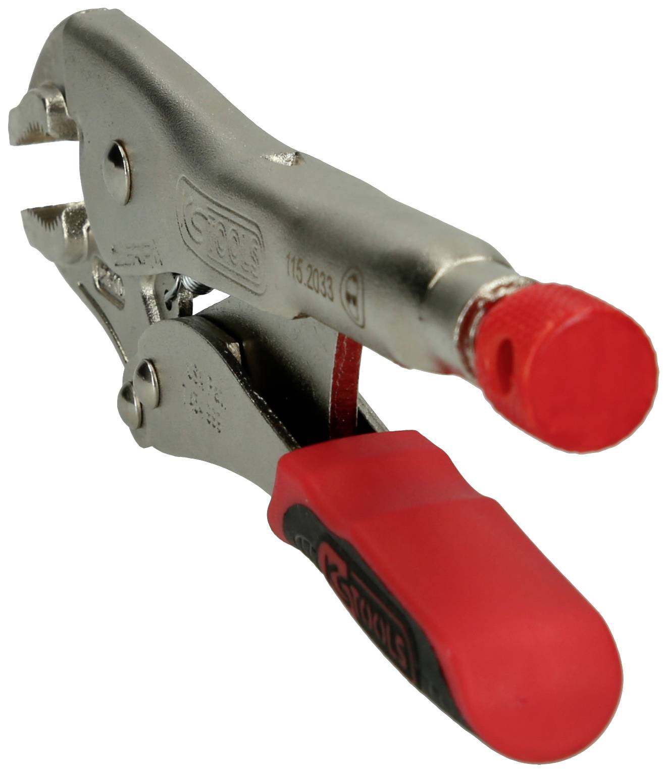 A metal quick-release clamp with a red plastic handle. It has a lever mechanism for adjusting the clamp tension.