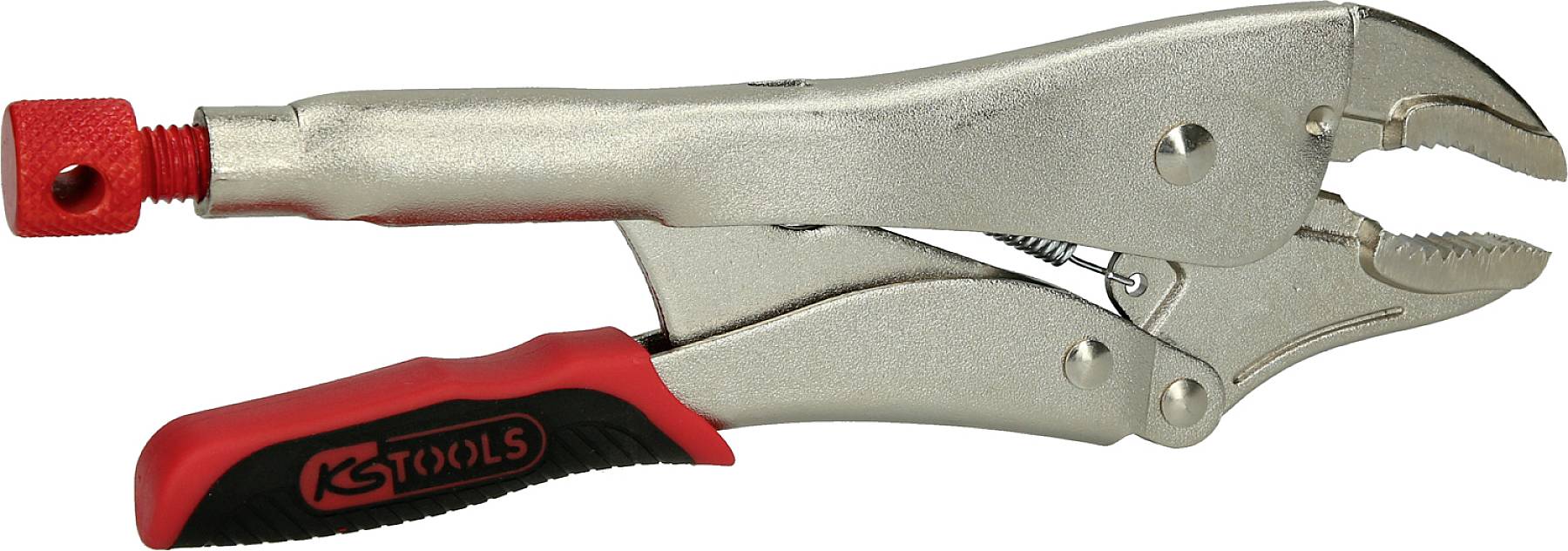Silver locking pliers with red handle.