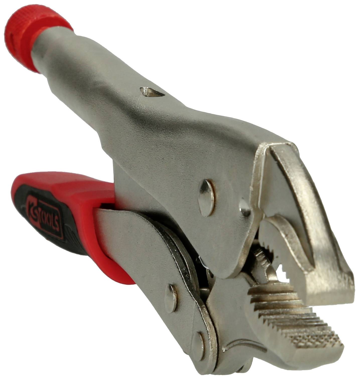 Vice-Grip pliers with a red handle, opened. Used for holding or gripping objects.
