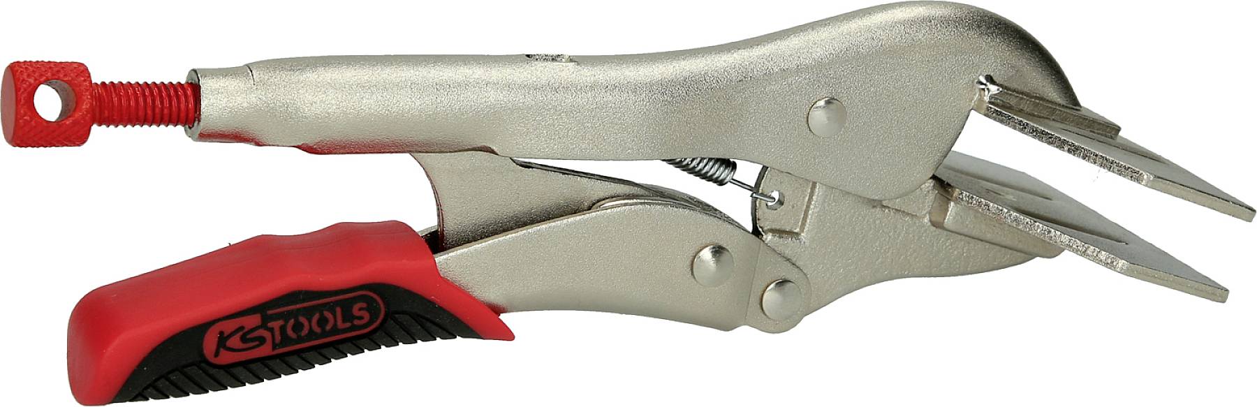 Metal locking pliers with a red handle, suitable for gripping and holding objects during craftwork.