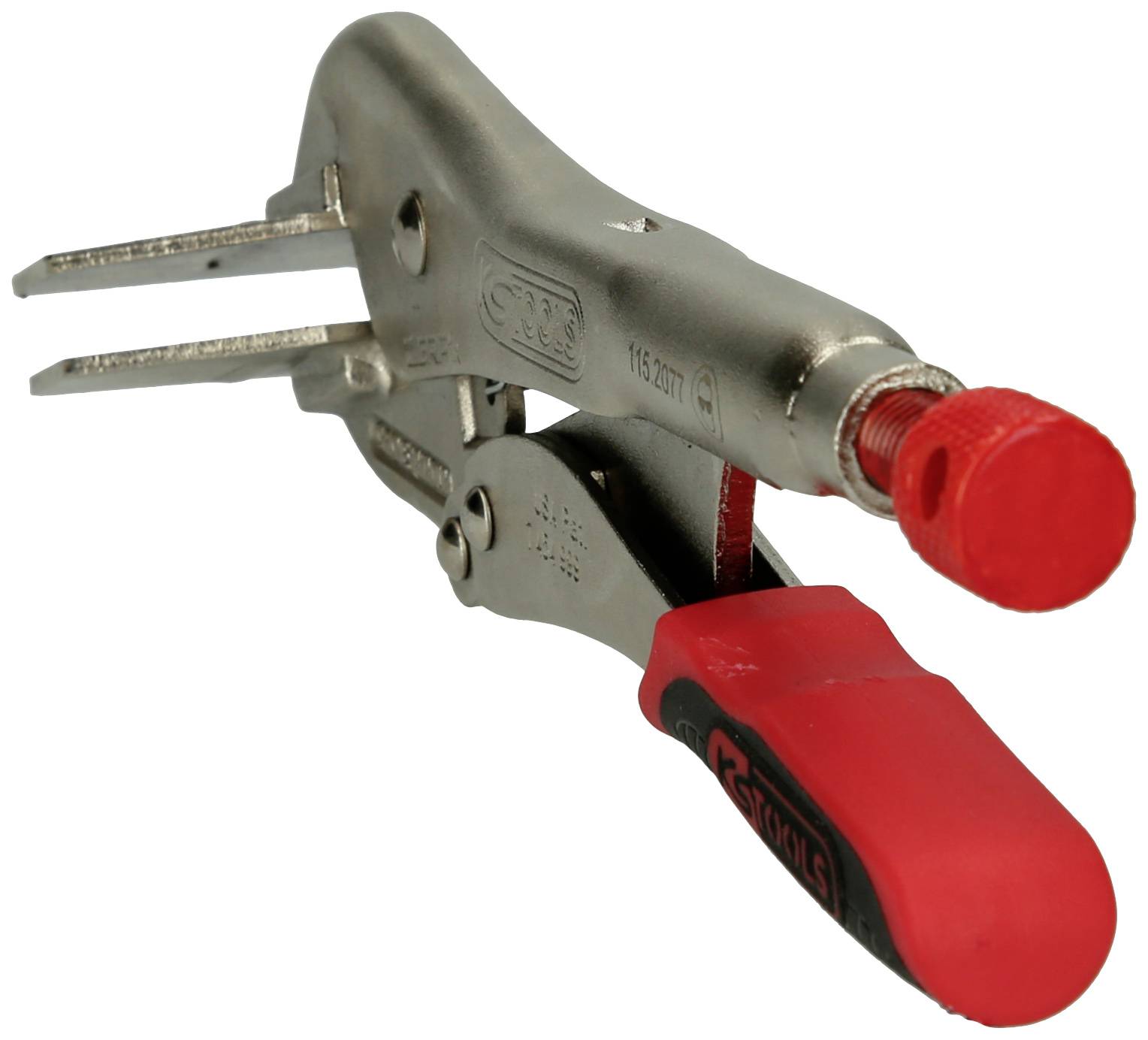 A metal buckle with a red plastic handle, used for tightening and securing materials, such as in craft work.