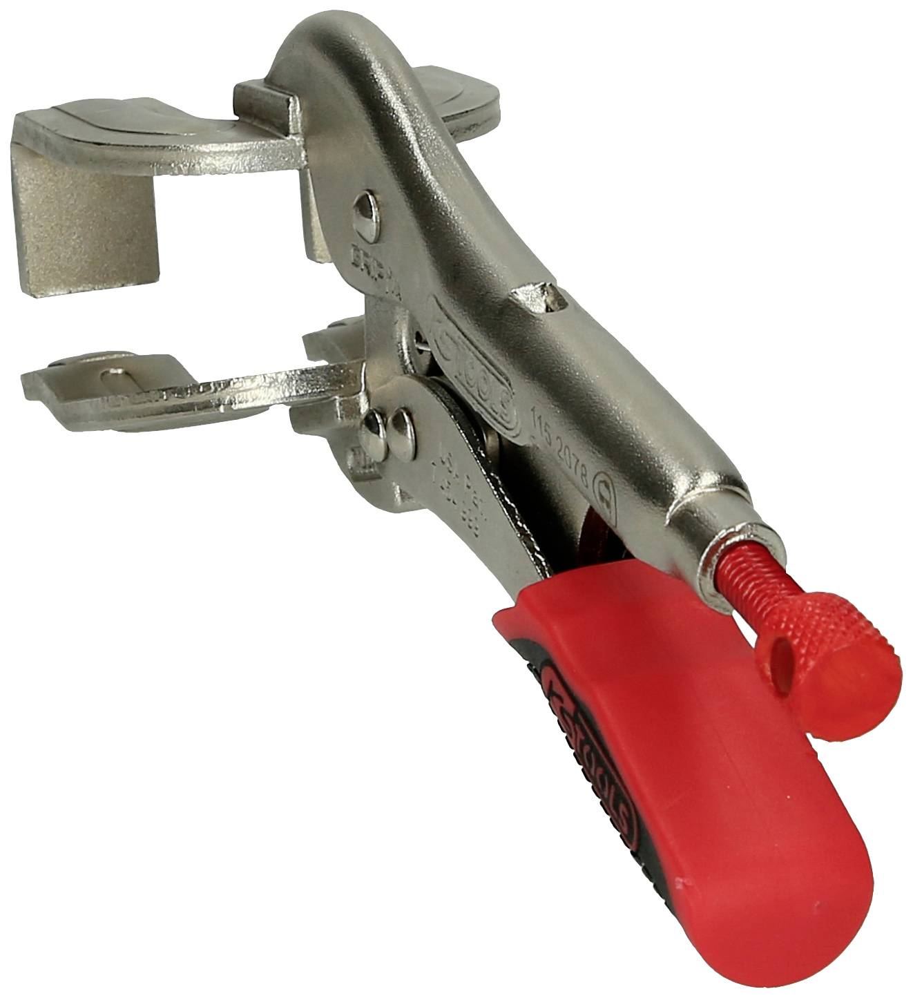 Metal clamp with red plastic handle, suitable for quick fixing during work. Robust lever mechanism for secure grip.