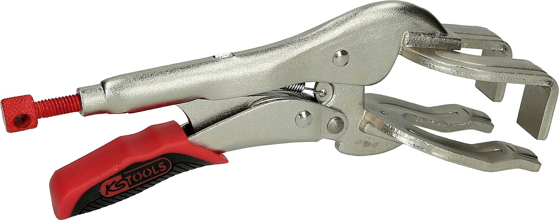 Metal locking pliers with a red handle lying on its side. Contains a logo on the handle.