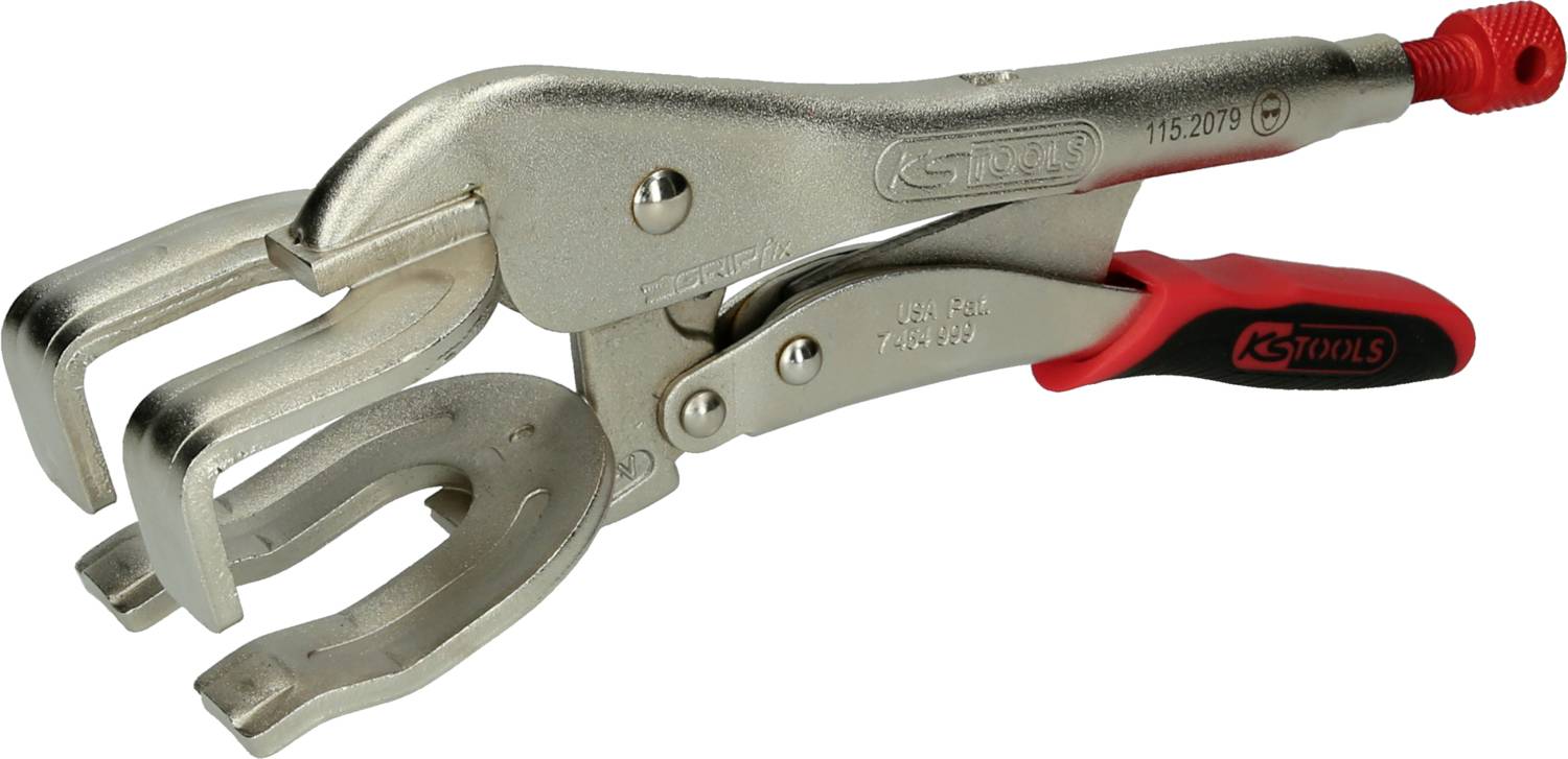 A metal grab tong with a red handle and double gripping head, suitable for workshop applications. Marked with 'KS TOOLS'.
