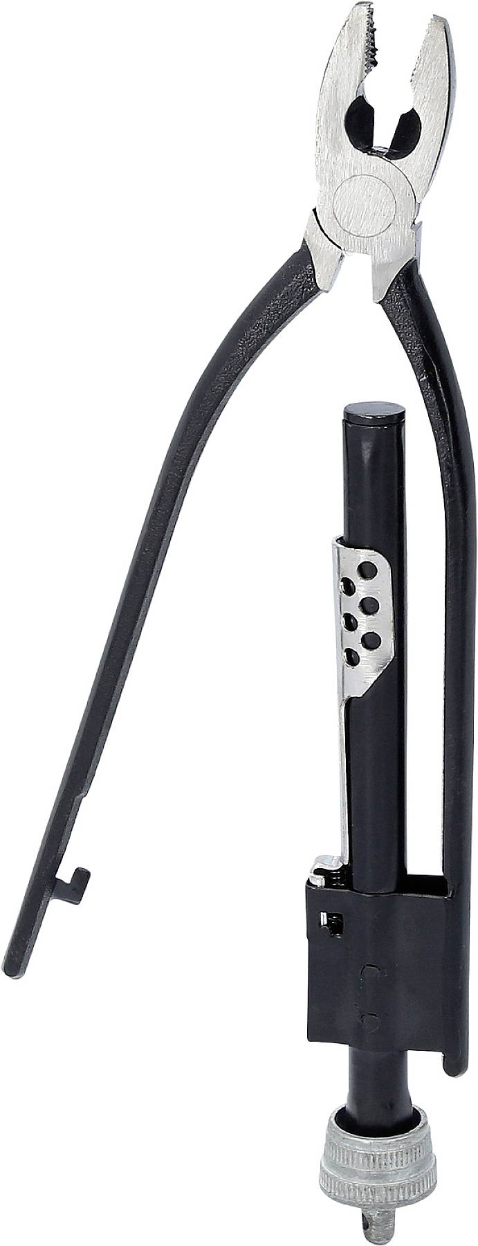 A black, metal pliers with a silver, adjustable mechanism and knurled turning knob for precision work.