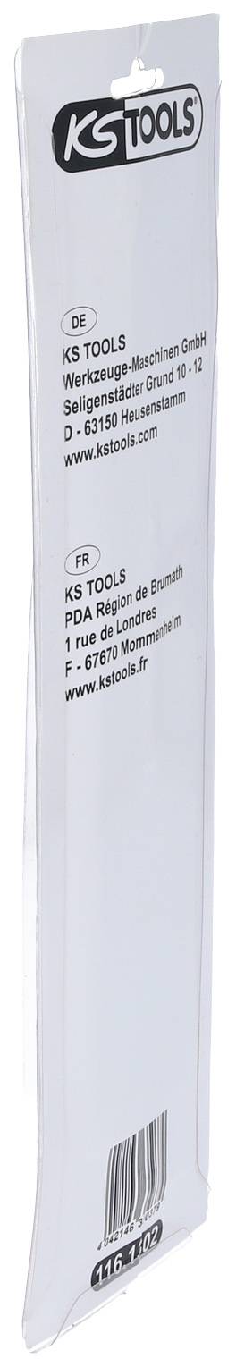 Packaging for a KS Tools tool, rectangular shape, with address in Germany and France, website www.kstools.com.
