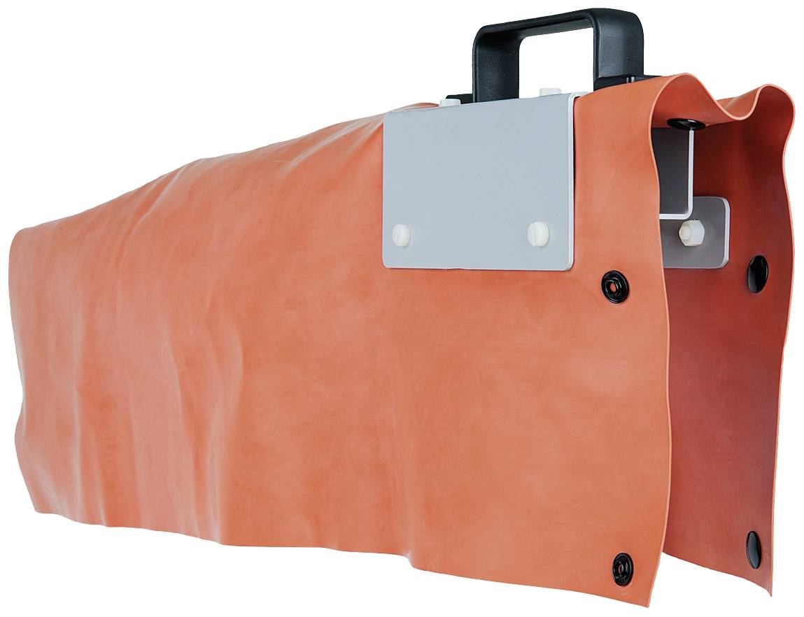 Orange, flexible protective casing with a black handle that envelops a rectangular metal element.