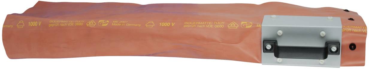 Insulation cover for electric bus power rail, orange, with safety instructions in yellow.