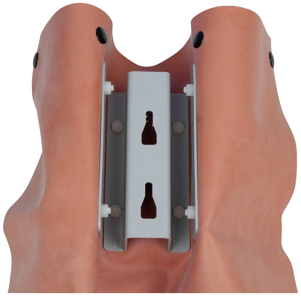An orange plastic figure with a black line shows a central metal mounting bracket with slots and screws.