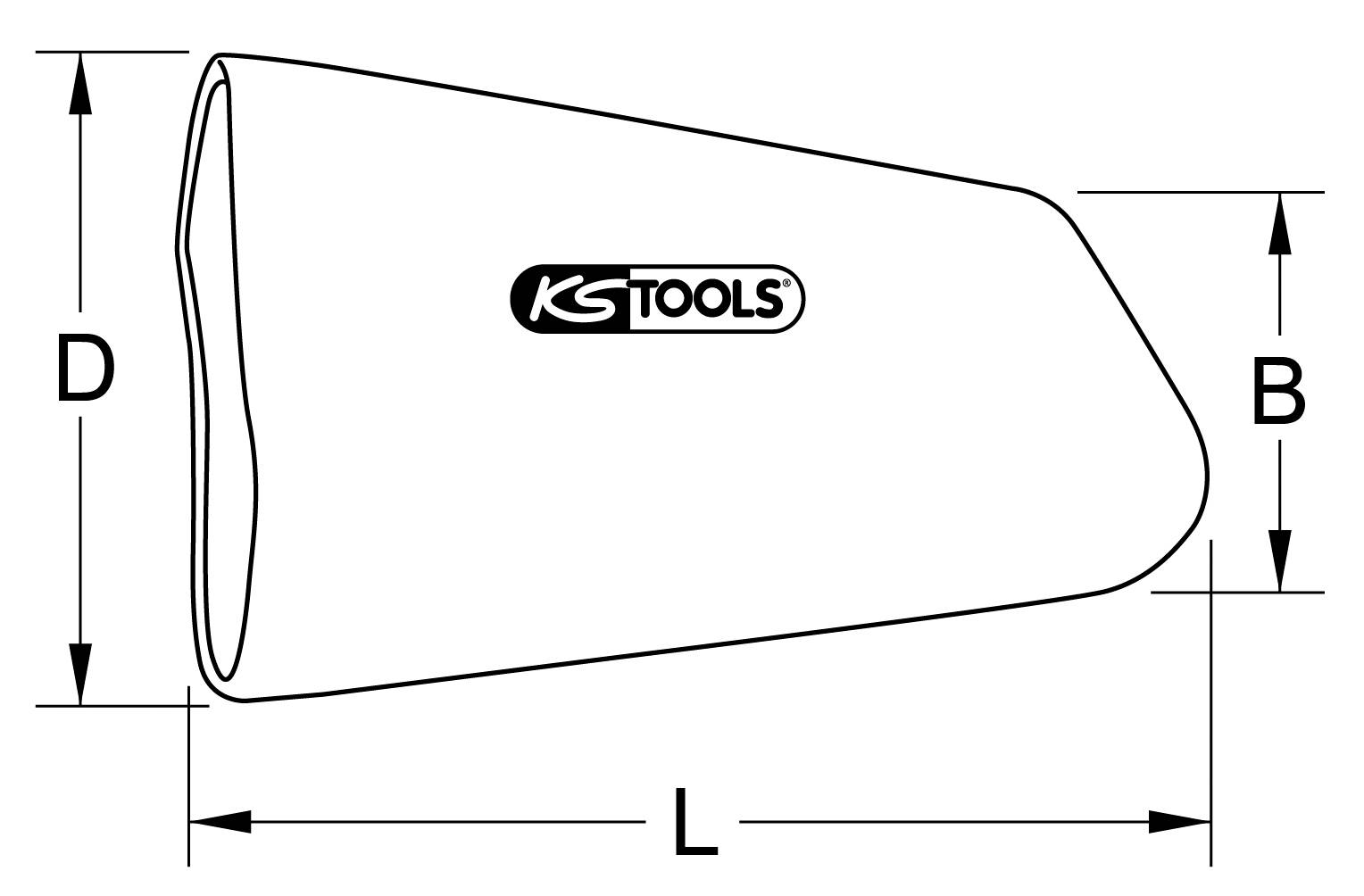 Sketch of an exhaust hose by KS Tools with dimensional specifications: Length (L), Width (B), Diameter (D).