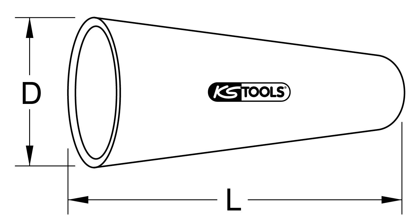 Technical drawing of a conical tool with dimensions diameter 'D' and length 'L', marked with the logo 'KS Tools'.