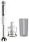A hand blender set with a blending stick, chopper, and measuring cup. The mixer is white with a stainless steel accent.
