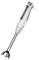 A white and silver hand blender with a long handle and detachable attachment for blending. Brand logo visible.