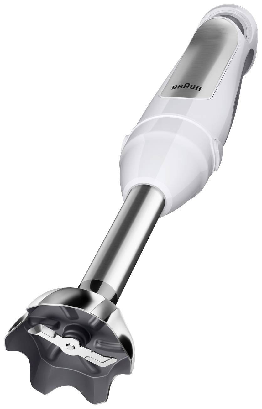 A white hand blender with a silver shaft and the brand name 'Braun' on the handle. Ideal for mixing and blending ingredients in the kitchen.