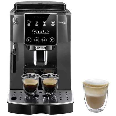 Coffee machine with digital display showing symbols for espresso, cappuccino, and settings. Two espresso cups and one with milk foam beside it.