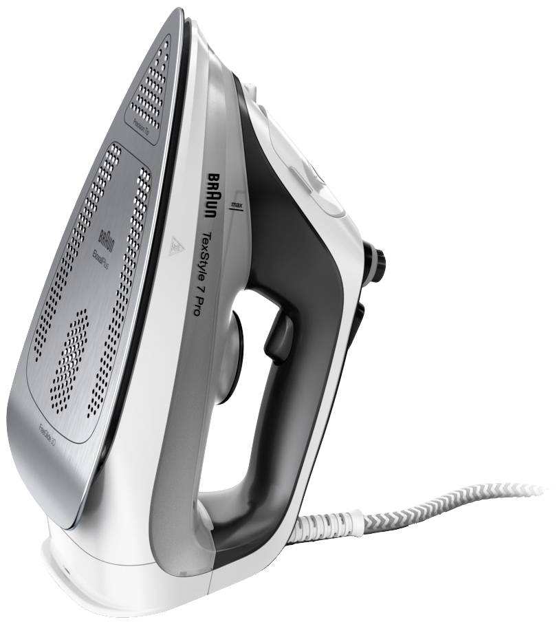 An iron with a grey and white casing stands upright, displaying a smooth soleplate with numerous steam holes and the brand name.