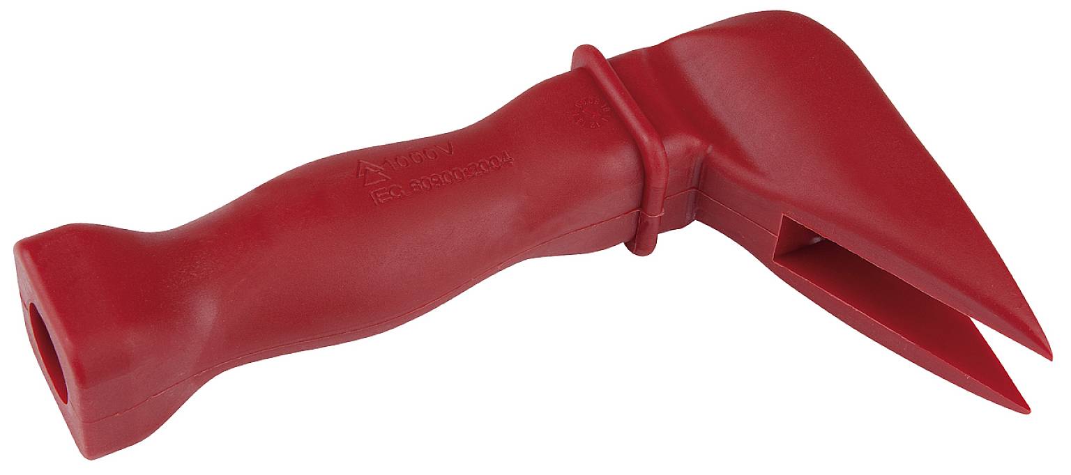 A red plastic tool with two pointed ends, likely used for planting flower bulbs or small plants.