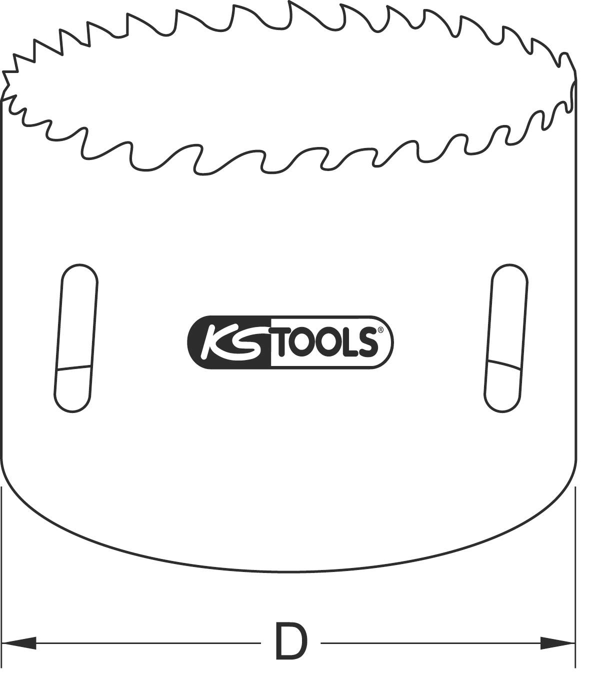 'Saw blade from KS Tools with serrated edge, suitable for drilling large holes. Diameter highlighted below as "D".'