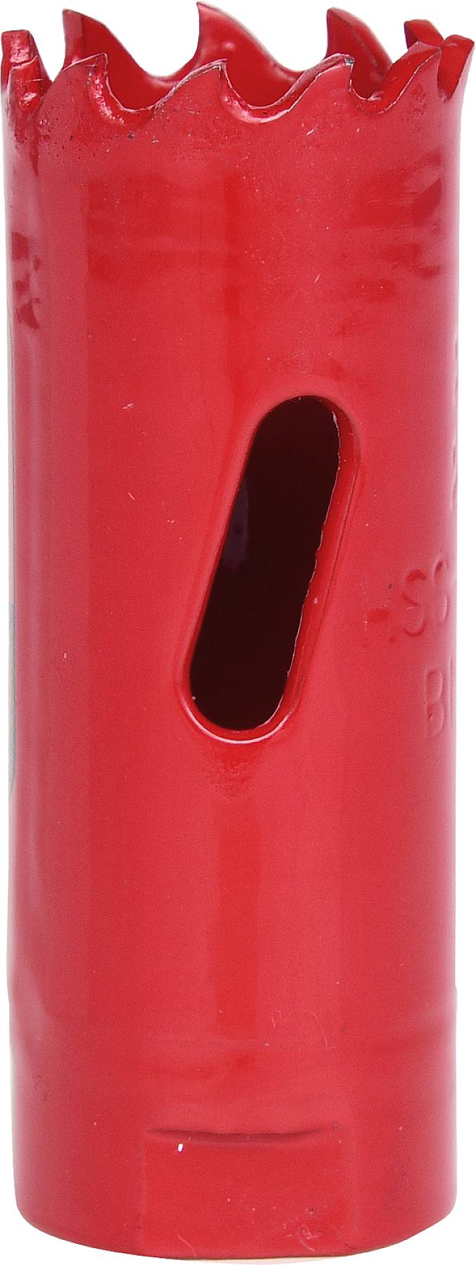 A red hole saw attachment with a serrated edge and a side opening, used for cutting circular holes in materials.