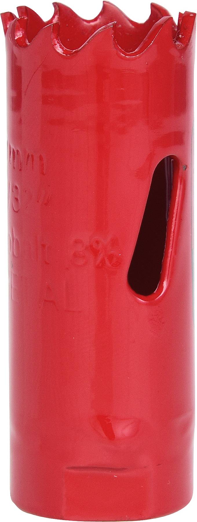 A red hole saw attachment with a serrated cutting edge and a side slot. Designed for metalworking.