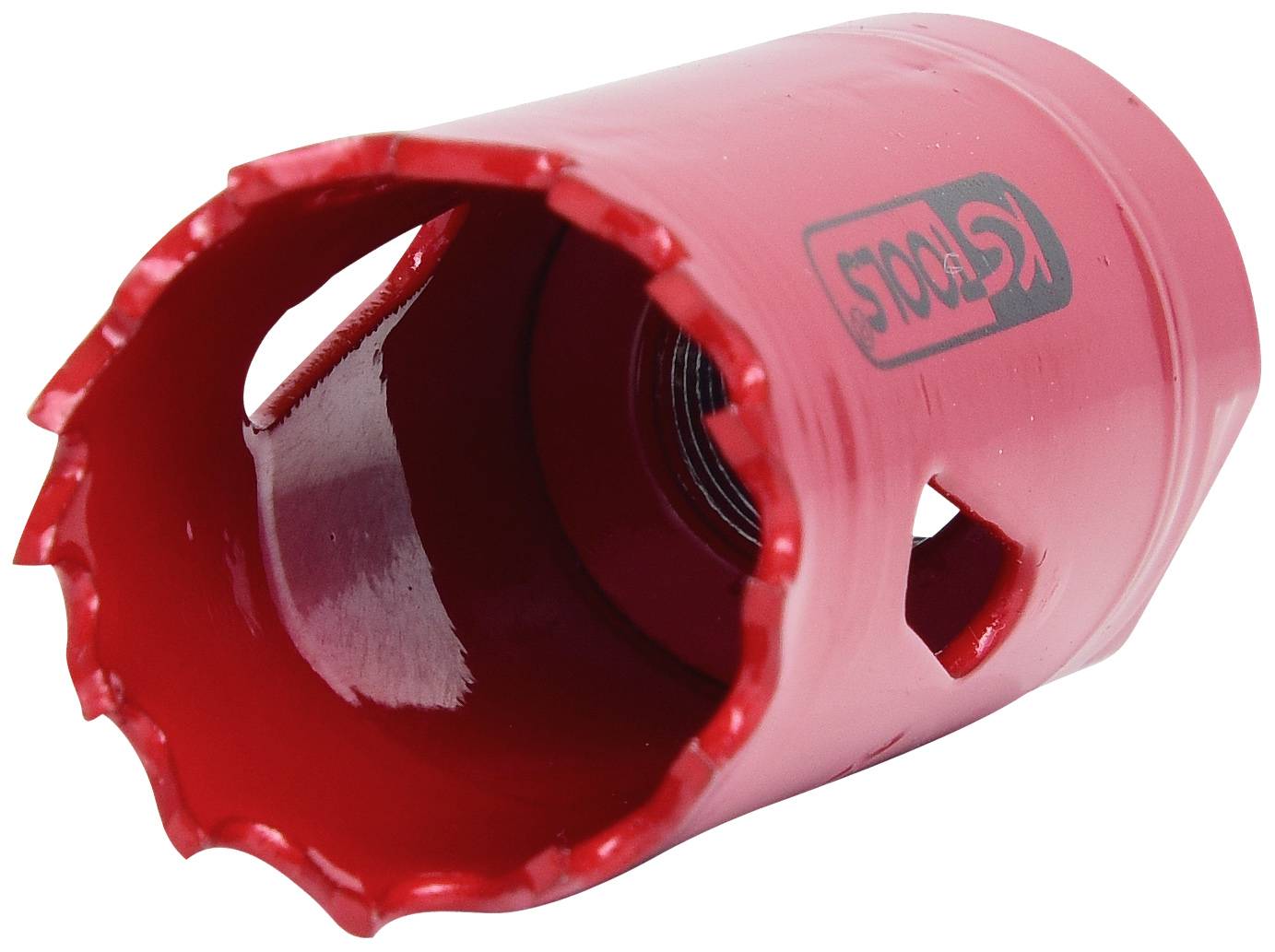 Red hole saw with sharp teeth, suitable for drilling through wood or metal.