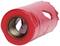 Red hole saw with serrated edge and circular opening. Suitable for drilling large holes in walls or other surfaces.