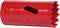 A red hole saw blade with a serrated edge and oval opening, suitable for drill attachments for processing materials such as wood or metal.