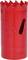 A red hole saw blade with serrated edges and a side opening, suitable for metalworking.