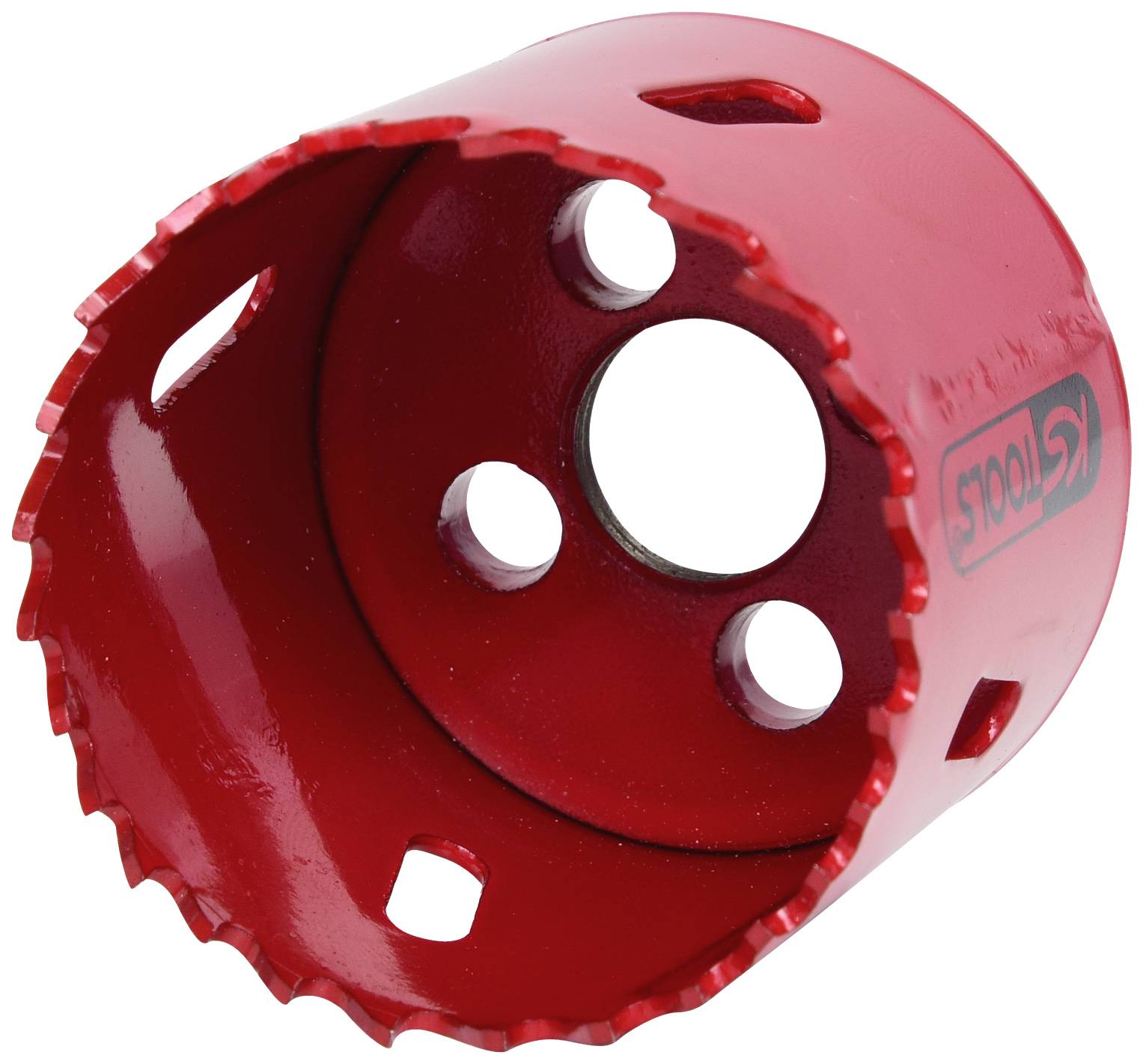Red hole saw attachment with serrated edges, suitable for drilling in wood or metal.