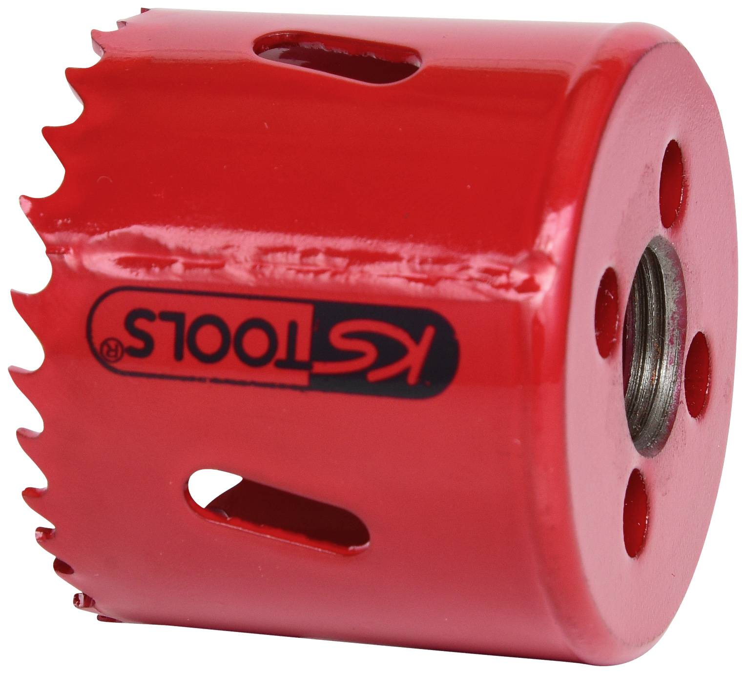 Red hole saw with serrated edge and a hole in the centre, suitable for drilling through various materials.