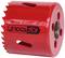 Red hole saw with serrated edge and a hole in the centre, suitable for drilling through various materials.