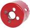 Red hole saw with four holes. Primarily used for cutting circular holes in materials such as wood or metal.