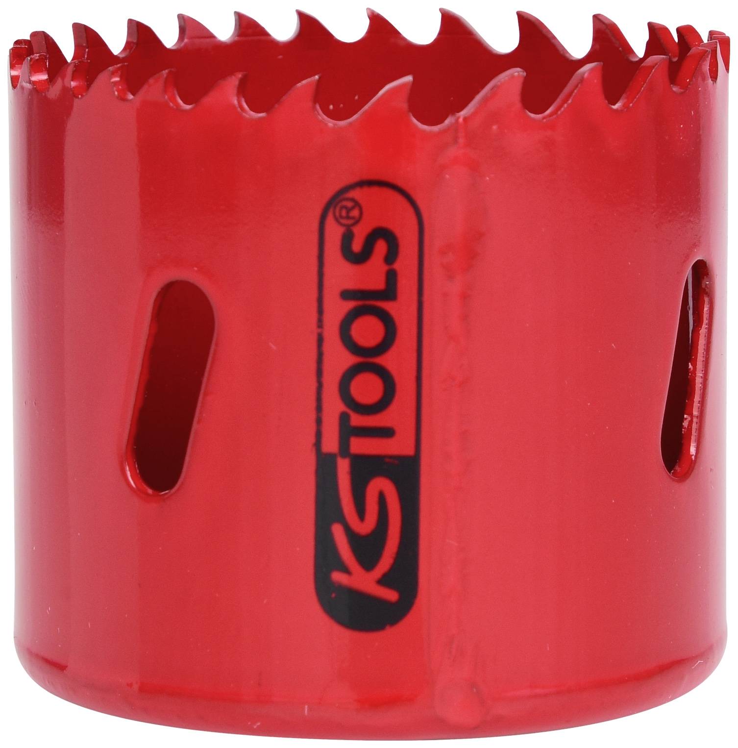 Red hole saw with serrated cutting blade and 'KS Tools' marking, suitable for drilling large holes in various materials.