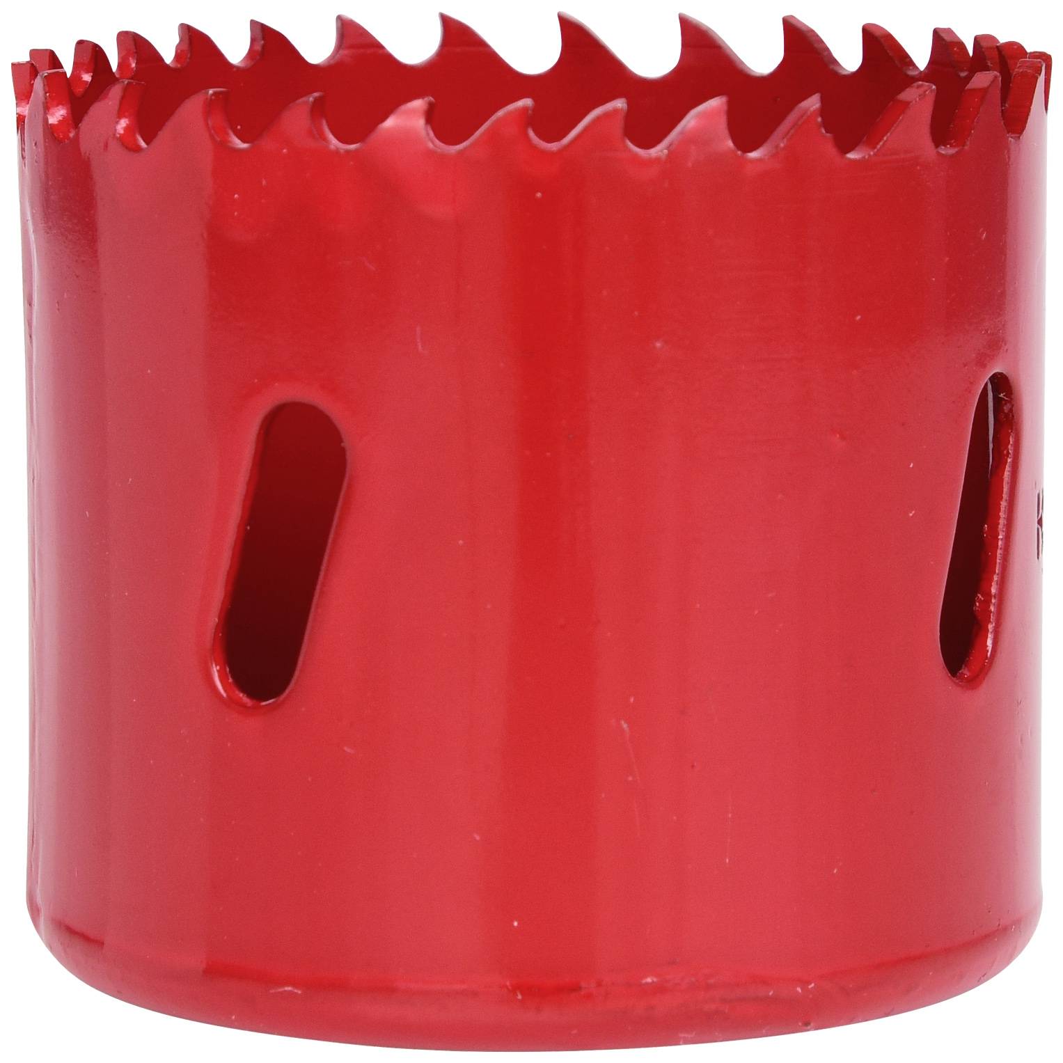 A red hole saw with a serrated edge, used for drilling large, circular holes in materials such as wood or metal.