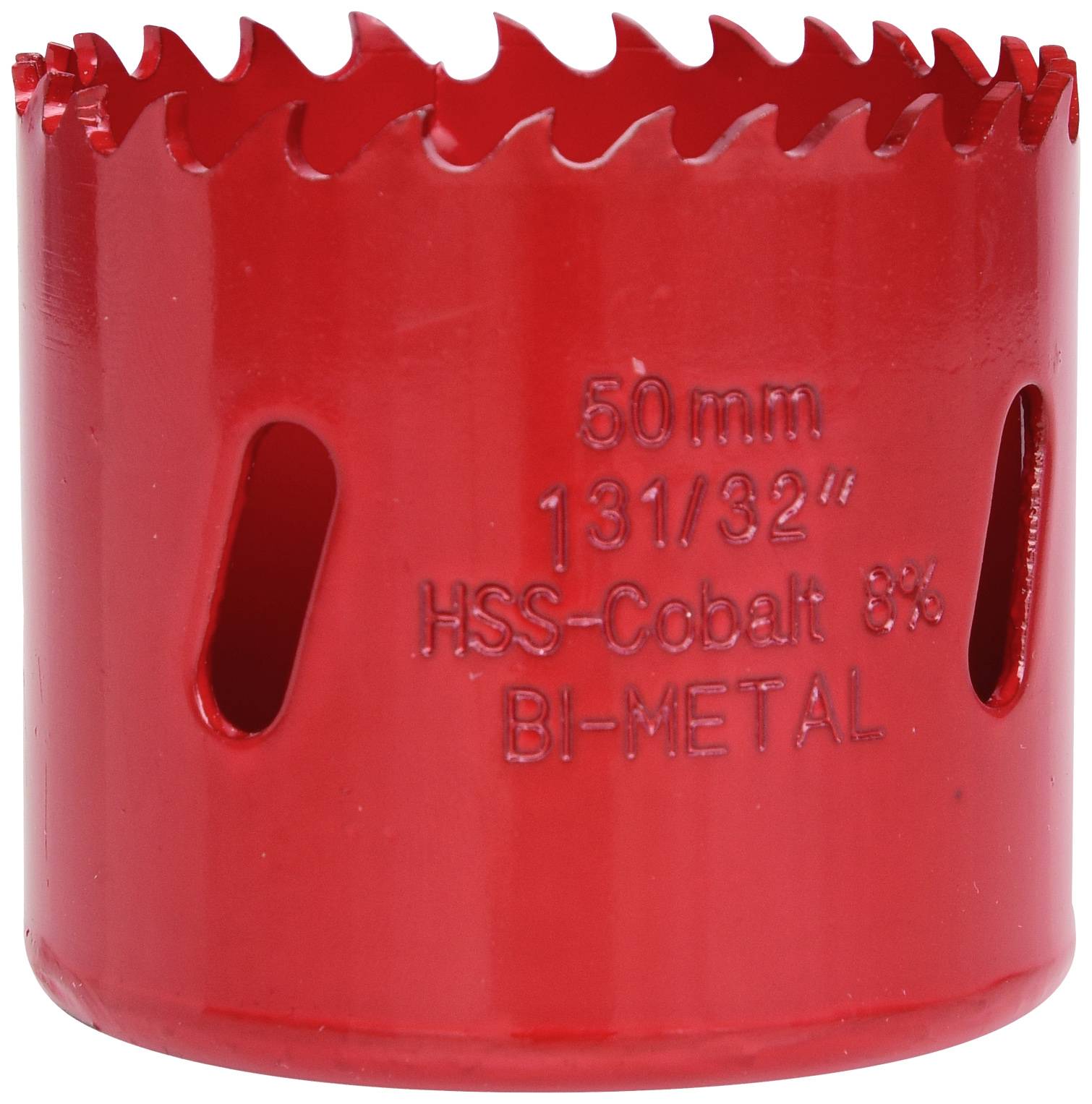 Red HSS-Cobalt 8% Bi-Metal Hole Saw Attachment, 50 mm Diameter, with Sharp Teeth and Ventilation Slots for Precise Drilling.