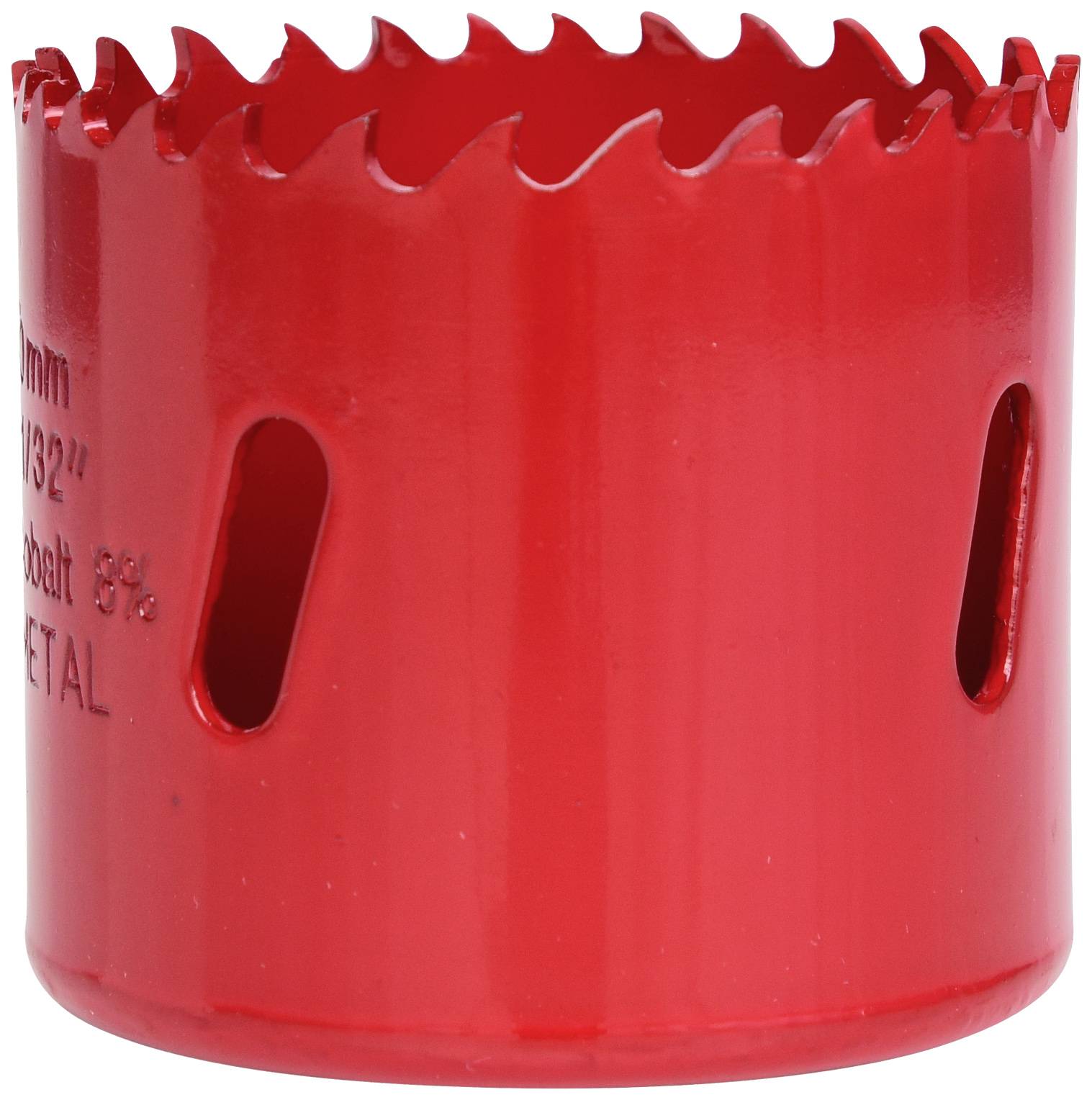 A red hole saw attachment with a serrated edge and side slots for ventilation.